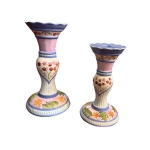 Capriware Whimsical Pillar Holder Ceramic Hand Painted Multi Color Candle X2